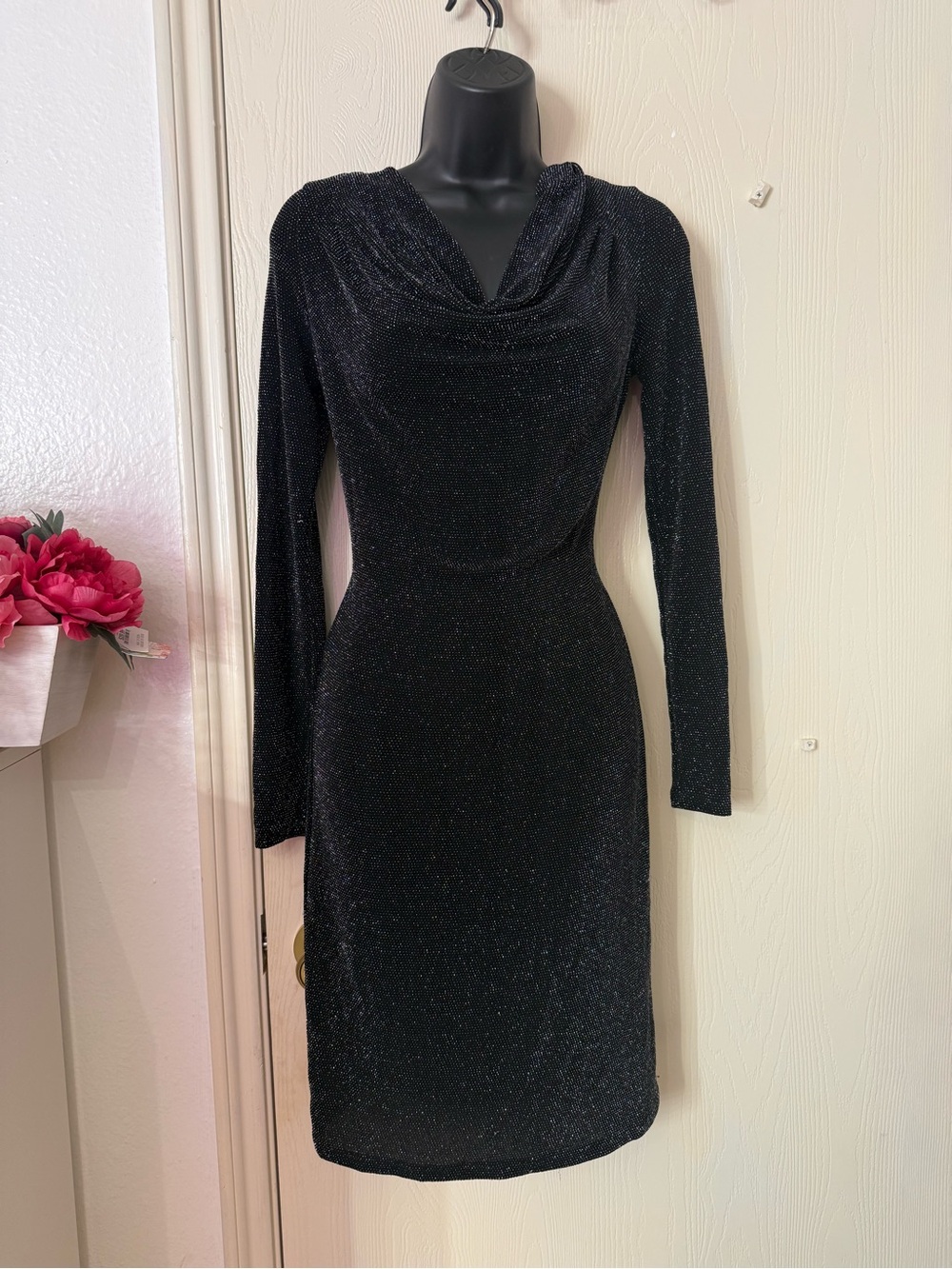 Michael Kors Black Sparkle Cowl Neck Long Sleeve Dress